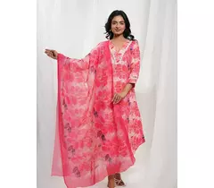 Strawberry Pink & White Cotton Tropical Print Kurta Set