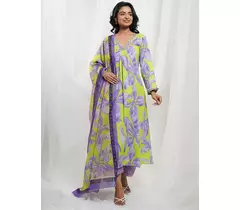 Lavender And Neon Green Cotton Floral Kurta Set