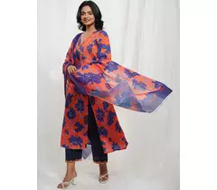 Purple Orange Cotton Floral Kurta Set