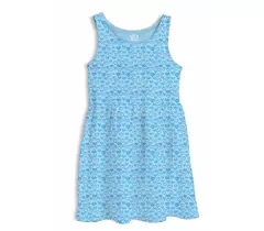 Minicult Cotton Girls Sleveless Dress with All Over Print Blue (Pack of 1)