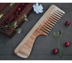Peigne large en bois de neem pur avec manche – Peigne dentaire large – Biologique et naturel