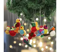 Set of 10 Bird-Themed Wool Felt Christmas Ornaments - Singing Sparrow