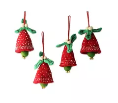 Set of Four Wool Jingle Bell Christmas Ornaments - Red & Green