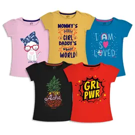 Mädchen-T-Shirt aus weichem Baumwollstoff und gerippten Bündchen, 5er-Pack