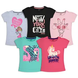 Mädchen-T-Shirt aus weichem Baumwollstoff und gerippten Bündchen, 5er-Pack