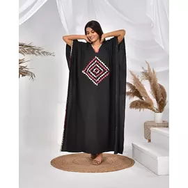 The Saffron Saga Hand Embroidered Designer Luxury Kaftan Black - S