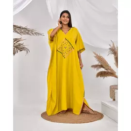 The Saffron Saga Hand Embroidered Designer Luxury Kaftan Yellow - S