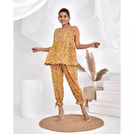 Ensemble de vêtements d'intérieur coordonnés en coton à fleurs Saffron Saga, jaune et rose