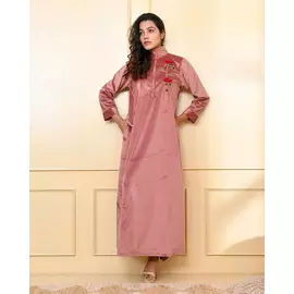 The Saffron Saga Embroidered Three Fourth Sleeves Velvet Nighty Onion Pink - S