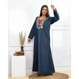The Saffron Saga Floral Embroidery Printed Full Sleeves Denim Cotton Nighty Dress Navy - S
