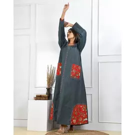 The Saffron Saga Patchwork Embroidery Full Sleeves Denim Nighty Dress Navy - S