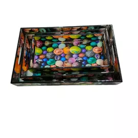 MDF-Serviertablett mit rechteckigem, mehrfarbigem Kugeldruck, 3er-Set