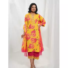 Yellow Fuchsia Pink Cotton Floral Kurta Set