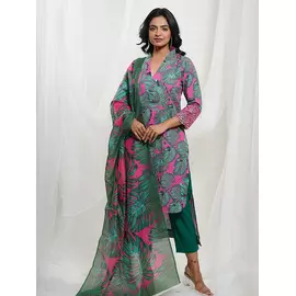 Rani Pink Green Cotton Tropical Print Kurta Set