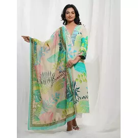 Off White Neon Cotton Tropical Print Kurta Set