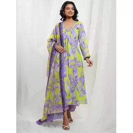 Lavender And Neon Green Cotton Floral Kurta Set