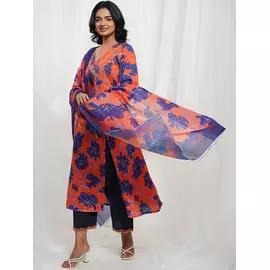 Purple Orange Cotton Floral Kurta Set