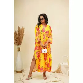 Yellow Pink Kaftan Style Shirt Dress
