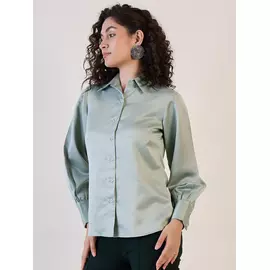 Sage Green Balloon Sleeve Satin Shirt