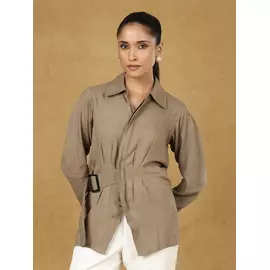 Brown Soild Side Buckle Shirt