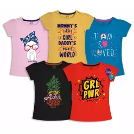 Minicult Girls halvärm bomullströja med söta tryck och färgglad rosa (pack om 5)