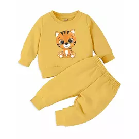 Minikult bomull Barn koordinerad sweatshirt och byxa set med karaktärstryck (TIGER GUL)(Förpackning med 1)