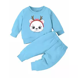Minikult bomull Barn Koordinerad sweatshirt och byxa set med karaktärstryck (PANDS BLUE)(Förpackning med 1)