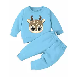 Minikult bomull Barn koordinerad sweatshirt och byxa set med karaktärstryck (ELK BLUE)(Förpackning med 1)