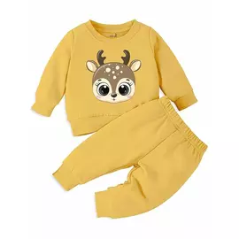 Minikult bomull Barn Koordinerad sweatshirt och byxa set med karaktärstryck (ELK YELLOW)(Förpackning med 1)