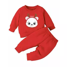 Minikult bomull Barn Koordinerad sweatshirt och byxa set med karaktärstryck (PANDA RÖD)(Pack of 1)