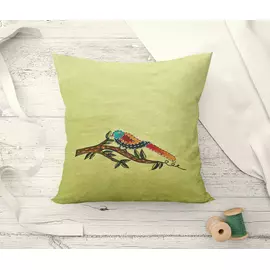 Funda de cojín de algodón Kantha verde con inspiración en pájaros artesanales