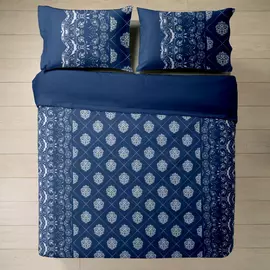 Parure de lit Queen size élégante à motif floral bleu 100 % coton avec taies d'oreiller