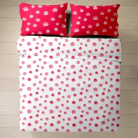 Bettwäscheset aus Baumwolle mit rot-weißem Blumendruck, Queensize, inklusive zwei Kissenbezügen