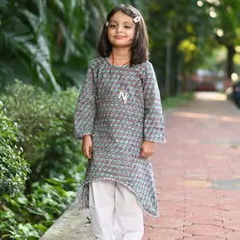 Conjunto de kurta salwar floral con estampado de bloques de algodón verde azulado para niñas (3-4 años)