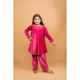 Conjunto de pijama kurta de terciopelo rosa fucsia bordado a mano para niñas