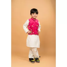 Conjunto de pijama kurta de terciopelo rosa fucsia bordado a mano para niño