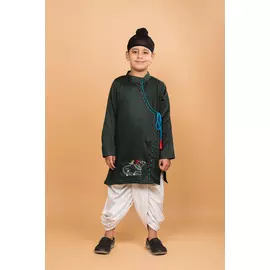 Conjunto Angrakha Kurta Dhoti bordado en verde - Algodón y terciopelo, 3-4 años