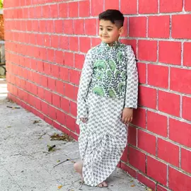 Conjunto de chaqueta kurta dhoti con estampado de bloques de algodón verde para niños de 3 a 4 años
