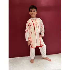 Pijama kurta de algodón shibori teñido anudado rojo y blanco para niño