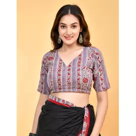 Blusa de algodón con estampado a mano en gris y rojo granate, con cordones en la espalda