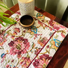 Tischläufer aus Baumwolle mit korallenrotem Slub-Muster und Blumenmuster in Burgunderrot – 38 x 180 cm