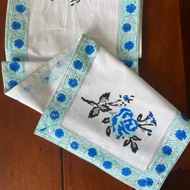 Abeer Tischläufer aus Baumwolle mit Handblockdruck, Blau, 33 x 180 cm