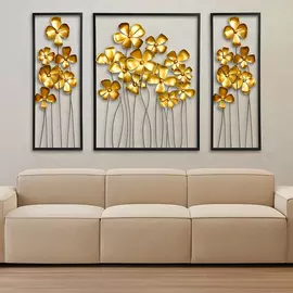 Divine Triflora Metal Wall Art - Golden Flower Sculpture