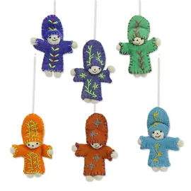 Set of Six Wool Dancing Doll Christmas Ornaments - Multi-color, Antique Finish