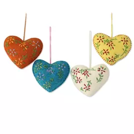 Handcrafted Wool Holiday Hearts Ornament Set - Set of Four
