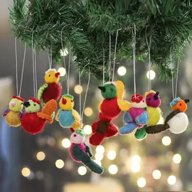 Set of 10 Bird-Themed Wool Felt Christmas Ornaments - Singing Sparrow