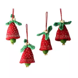 Set of Four Wool Jingle Bell Christmas Ornaments - Red & Green