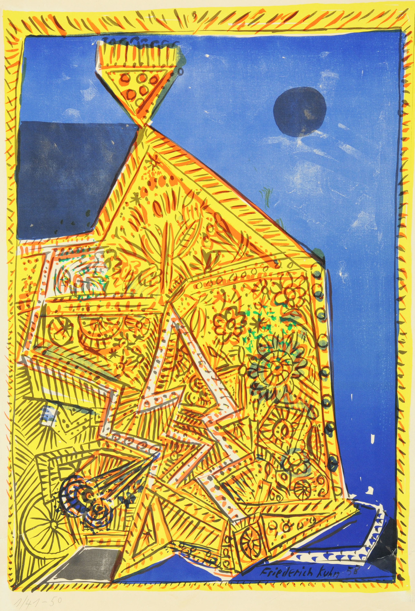 Kuhn Friedrich, 4 Blätter: Ohne Titel; Nachthaus, 1958; Ohne Titel, 1966; Brautpaar