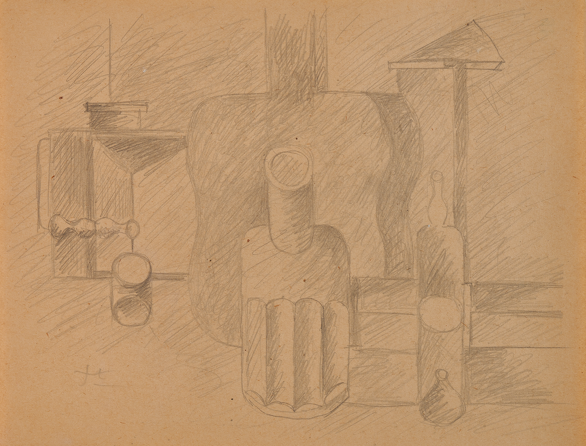 Corbusier Le, Nature morte à la guitare verticale, lanterne, bouteille, carafe et verre