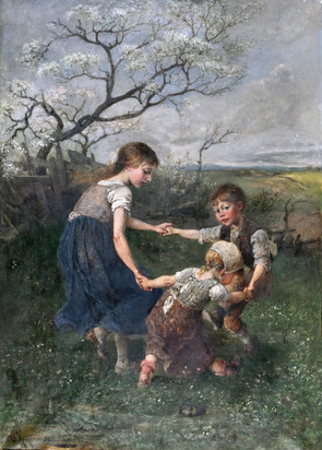 Children playing ringlet on the spring meadow